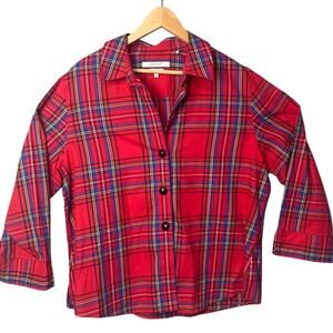 Foxcroft Plus Size Button Up Blouse Red Plaid Wrinkle Free Cotton Boxy Fit 18